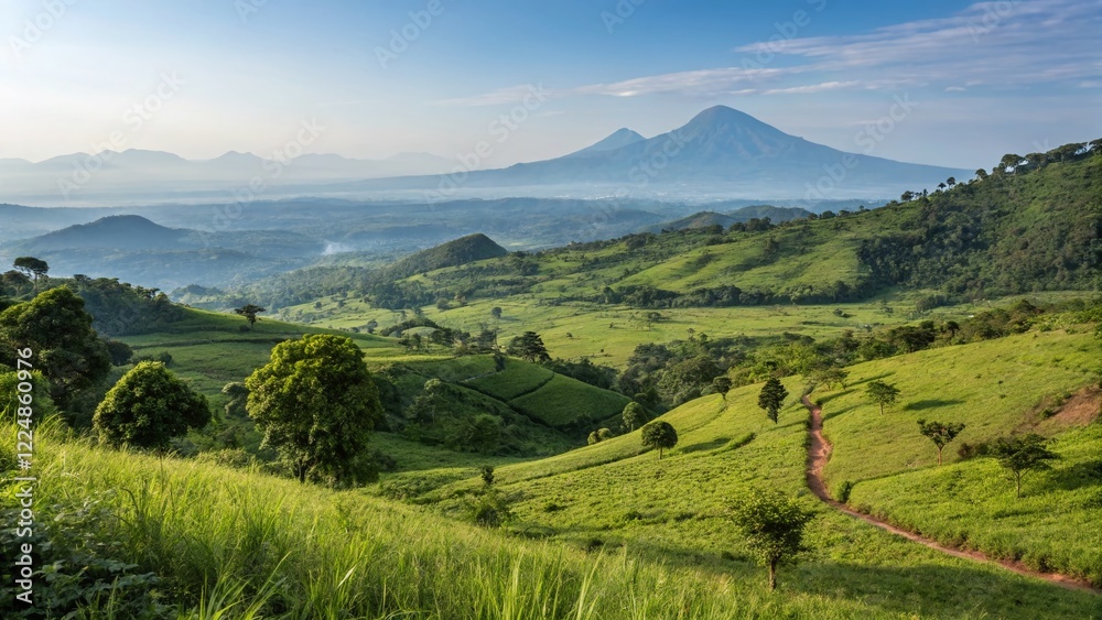 Naklejka premium Panoramic Landscape Photography: Lush Green Hills near Kilembe, Uganda