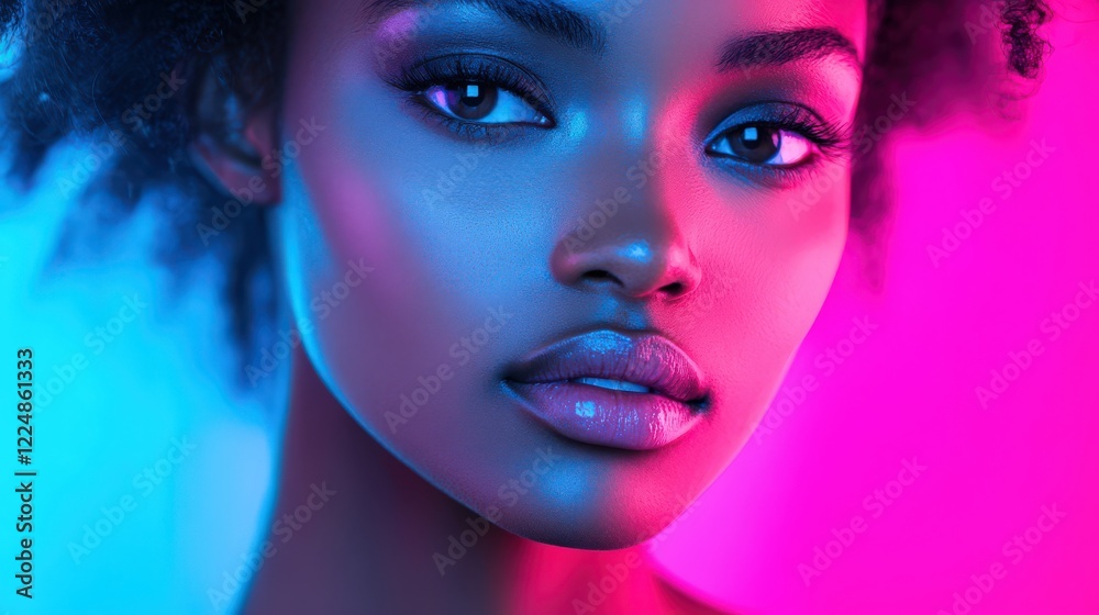A close-up of a woman face, illuminated by soft blue and pink neon lights, with a thoughtful expression. A close-up of a woman face, illuminated by soft blue and pink neon lights, with a thoughtful expression.