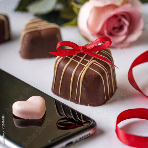 heart-shaped candy box with a red ribbon on a white table. There's a smartphone with a heart emoji on the screen photo