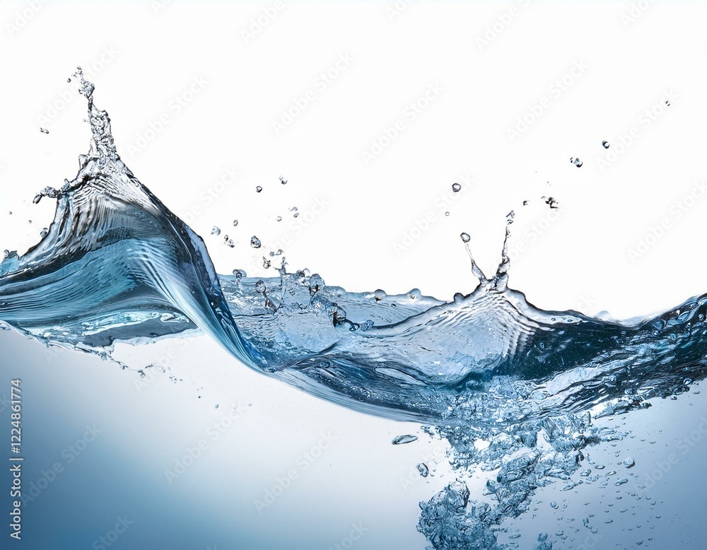 Obraz premium An ultra-realistic depiction of a dynamic water wave splash, captured mid-motion with intricate details of droplets scattering outward, isolated on a pure white background