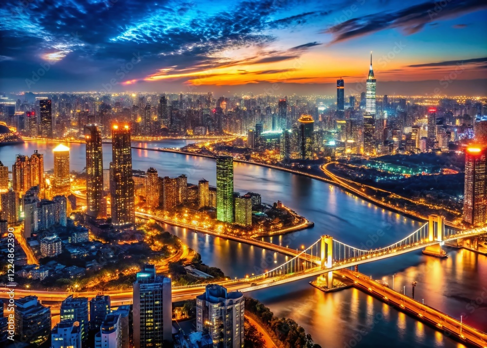 Fototapeta premium Panoramic Night Cityscape: Illuminating Urban Skyline at Dusk