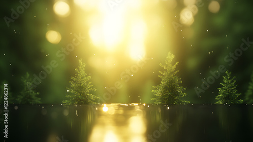 A serene forest landscape with soft sunlight filtering through the trees, highlighting the lush greenery and creating a calm, peaceful atmosphere perfect for relaxation or meditation.
