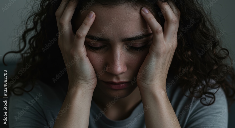 Stressed woman holding head with eyes closed in contemplation and anxiety Stressed woman holding head with eyes closed in contemplation and anxiety