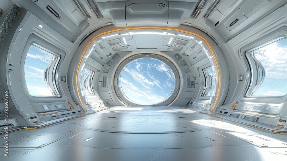 Fototapeta premium Futuristic spaceship interior with large window showing Earth.