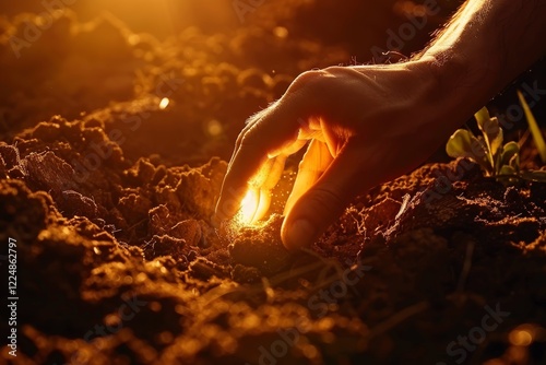 In primo piano le mani di un contadino che piantano i semi nel terreno, con una luce calda e morbida dell'alba photo