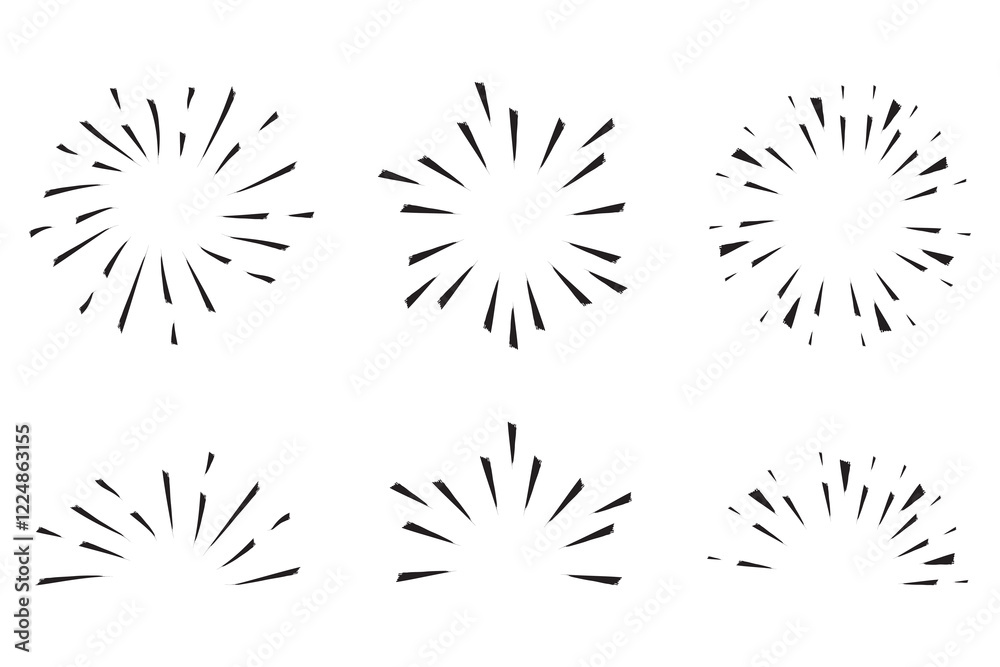 Sunburst icons set. Radial burst group. Simple black shapes. Vector accent graphics. Sunburst icons set. Radial burst group. Simple black shapes. Vector accent graphics.