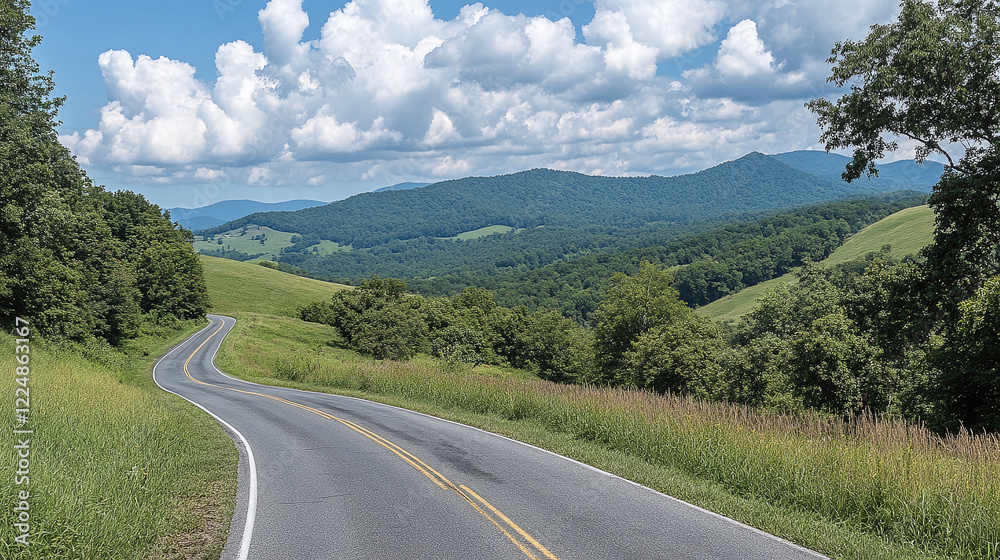 Driving along a winding road through green mountain landscape Driving along a winding road through green mountain landscape