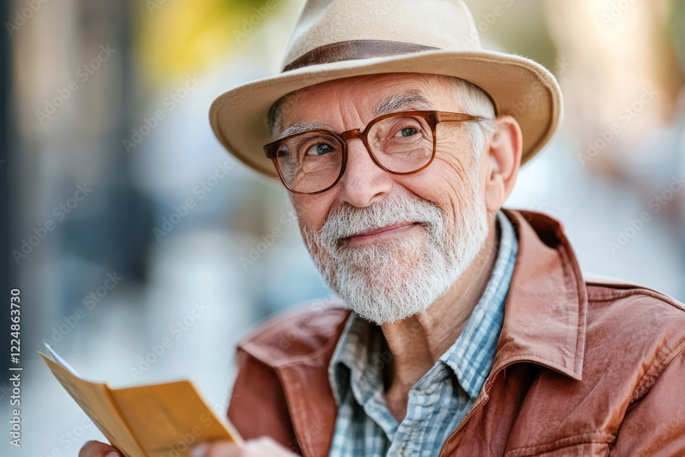 Smiling elderly man with glasses and a hat holding a map, enjoying a sunny day outdoors, looking content and relaxed. Smiling elderly man with glasses and a hat holding a map, enjoying a sunny day outdoors, looking content and relaxed.
