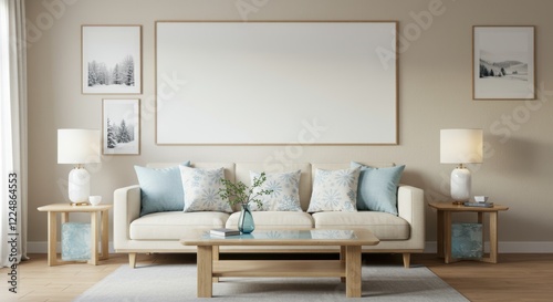 Elegant living room with beige sofa, blue pillows, and minimalist decor in bright interior