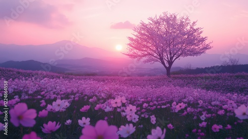 A cosmos flower field in Kyoto during the Hanami festival, with a cherry blossom tree in the distance.