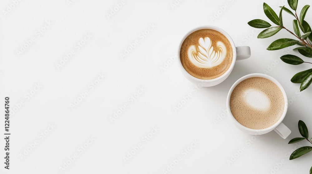 Two Latte Art Coffees on White Table Two Latte Art Coffees on White Table