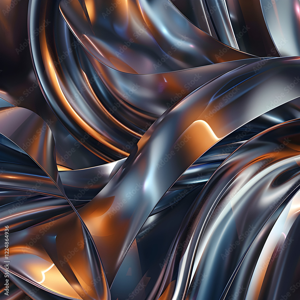 Obraz premium Abstract swirling metallic shapes with a blend of blue and orange hues.