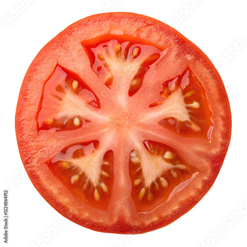 Fresh and ripe juicy tomato slice on white background
