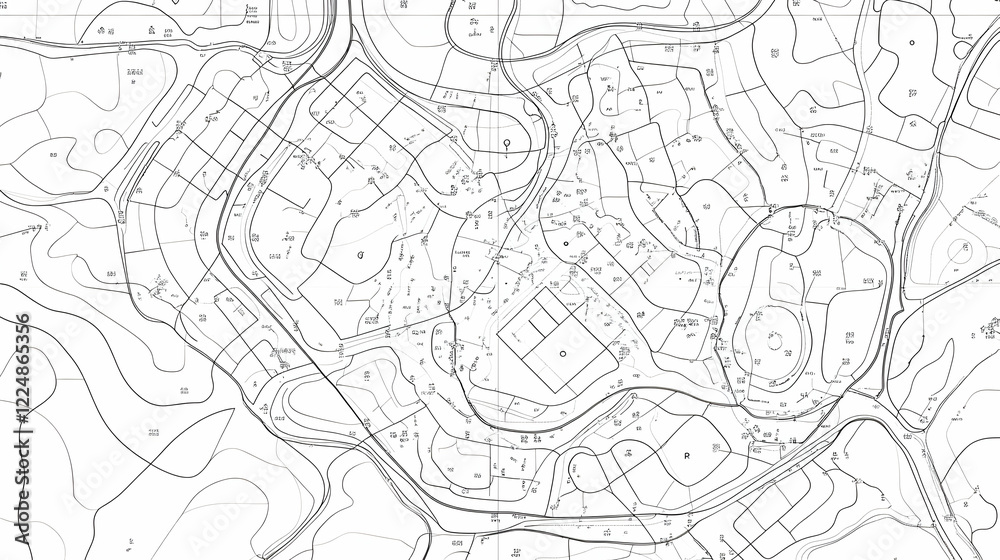 Detailed Topographic Map Shows Contours, Roads, and Structures with Precise Measurements and Annotations. Detailed Topographic Map Shows Contours, Roads, and Structures with Precise Measurements and Annotations.