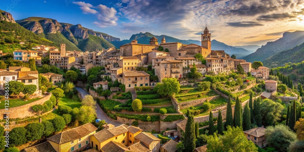 Fototapeta premium Panoramic Valdemossa, Mallorca: Scenic Hilltop Village View