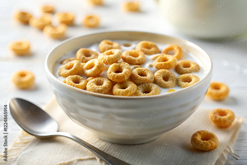 A bowl of cereal with honey-flavored rings, surrounded by scattered pieces, served with milk and a spoon on a light background.