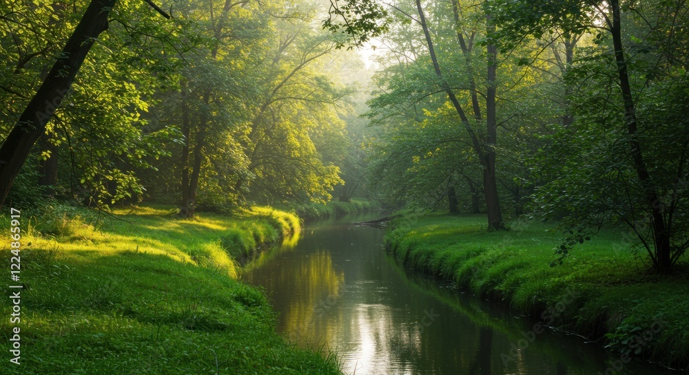 Fototapeta premium Serene River in Misty Green Forest