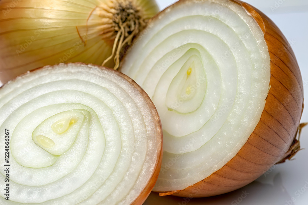 Freshly sliced onions revealing layers, with a golden-brown exterior and a crisp white interior, perfect for culinary uses. Freshly sliced onions revealing layers, with a golden-brown exterior and a crisp white interior, perfect for culinary uses.