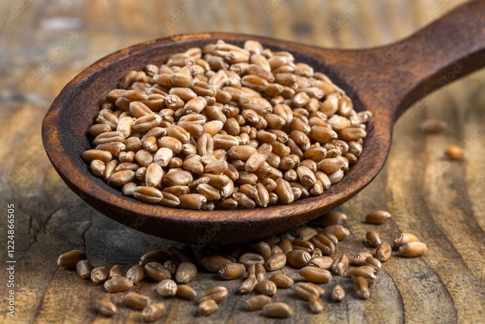 Brown seeds placed in a wooden spoon on a rustic wooden table Brown seeds placed in a wooden spoon on a rustic wooden table