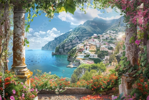 Splendida vista della costiera amalfitana in Italia circondata da fiori colorati