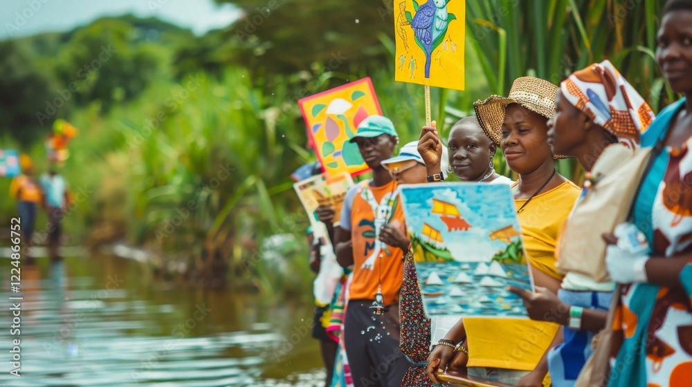Obraz premium African females displaying colorful art by river in vibrant outdoor setting