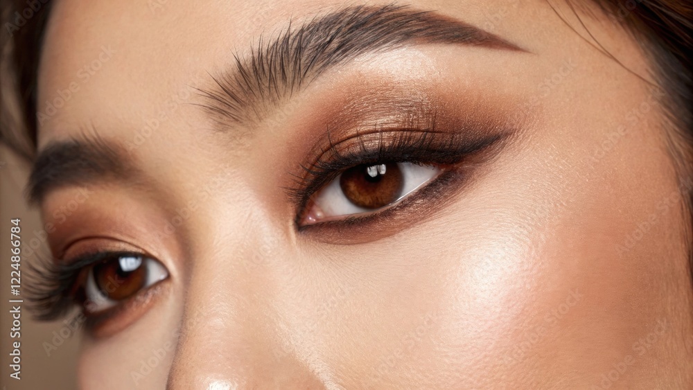 Fototapeta premium Mocha mousse makeup, 2025 Color Trend. Close-up of a woman's eye showcasing shimmering makeup and well-defined brows.
