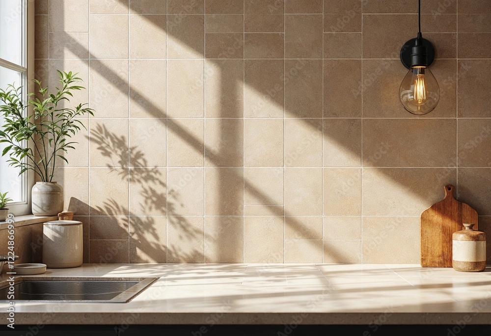 Sunlit Kitchen Corner With Shadows and Natural Elements Showcasing Serene Design. Generative AI Sunlit Kitchen Corner With Shadows and Natural Elements Showcasing Serene Design. Generative AI