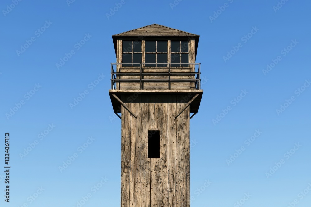 Rustic Wooden Lookout Tower Against Clear Blue Sky Elevated Observation Post Rustic Wooden Lookout Tower Against Clear Blue Sky Elevated Observation Post