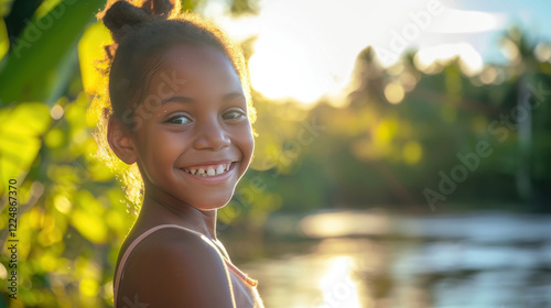 Joyful Surinamese girl enjoying nature by the riverside at sunset photo