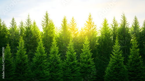A serene forest landscape with soft sunlight filtering through the trees, highlighting the lush greenery and creating a calm, peaceful atmosphere perfect for relaxation or meditation.

