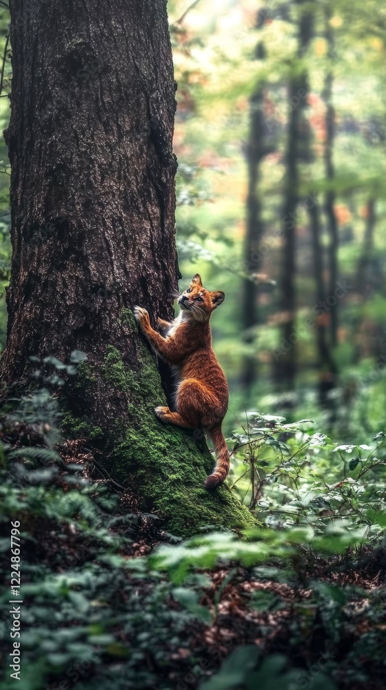 Obraz premium Young wild cat climbs a moss-covered tree in a lush forest during daylight, showcasing its playful nature in a vibrant natural setting