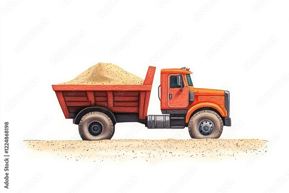 Fototapeta premium Dump Truck filled with sand isolated on white background. Dump Truck icon. Heavy Machinery. Construction Vehicle with sand. Dump Truck Design Element. Sand-filled Dump Truck isolated.