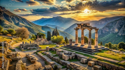 Panoramic View of Delphi: Mt. Parnassus & Ancient Temples of Apollo & Athena Pronaia photo