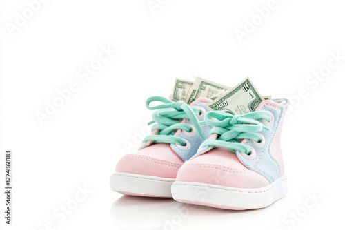 Cute baby shoes with green laces and dollar bills inside photo