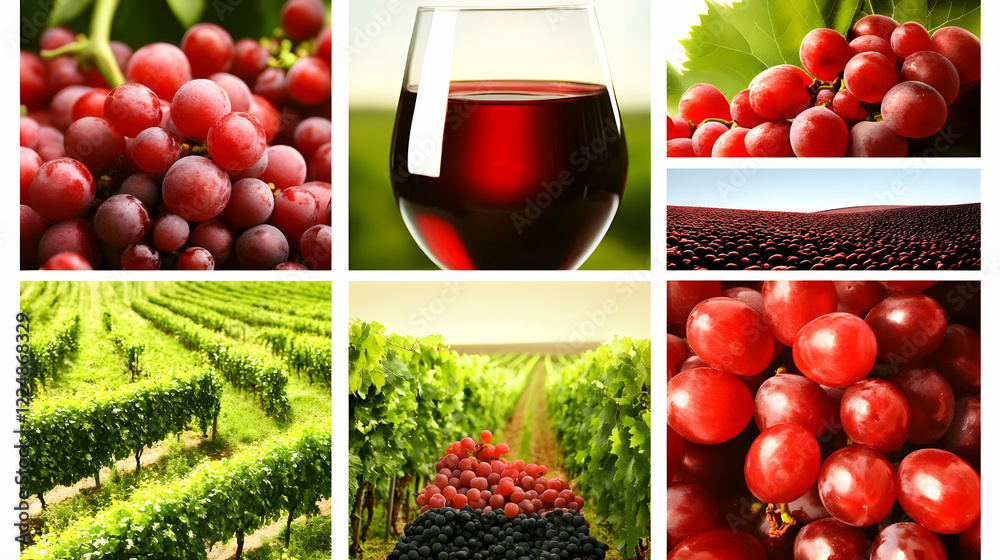 Fototapeta premium Ripe Red Grapes, Wine Glass, and Vineyard Rows Create a Rich Tapestry of Viticulture Delightfully.