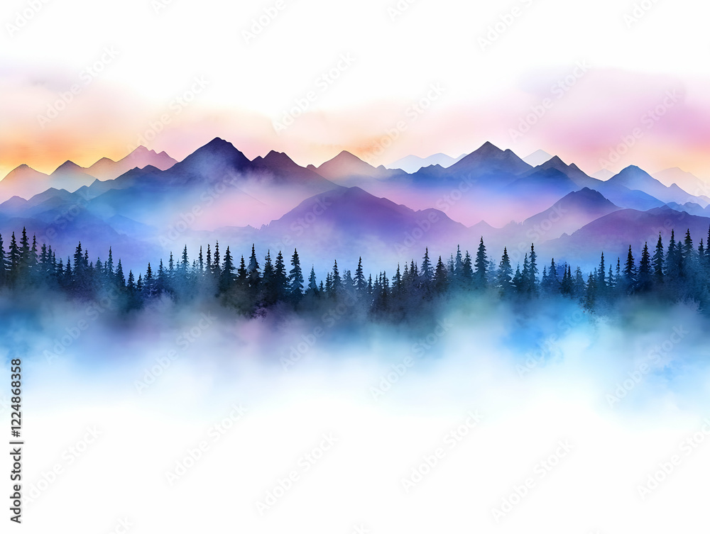 Obraz premium Misty Mountain Landscape with Pine Trees at Dawn: A Serene Watercolor Illustration