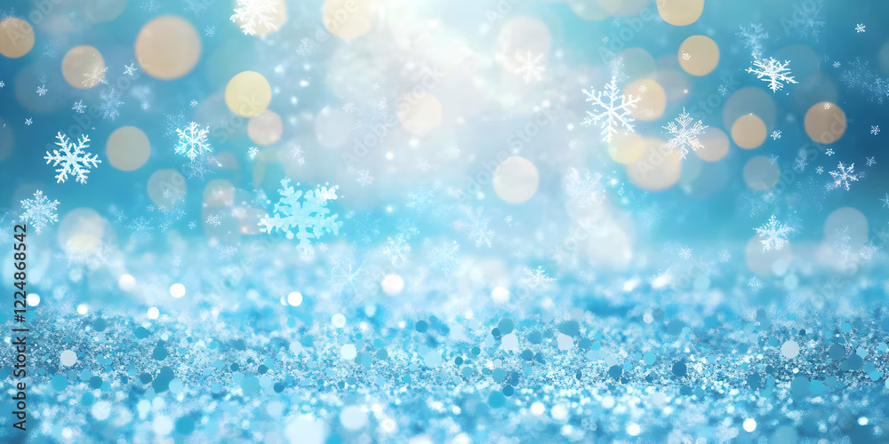 Sparkling Winter Wonderland Background with Falling Snowflakes and Soft Blue Bokeh Lights Sparkling Winter Wonderland Background with Falling Snowflakes and Soft Blue Bokeh Lights
