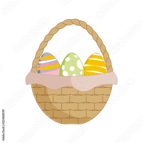Easter basket with colorful textured eggs. Vector illustration on isolated background.