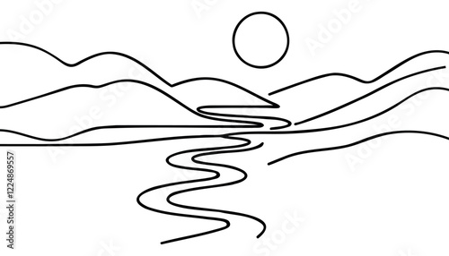 Mountain river landscape linear background. Hand drawn stream, mountains, sun. Vector illustration.