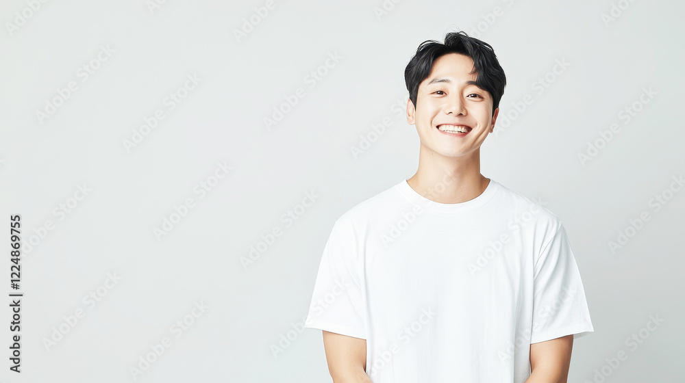 Smiling young man in white shirt against light background Smiling young man in white shirt against light background