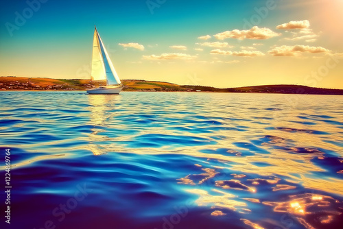 Sailboat glides across calm...