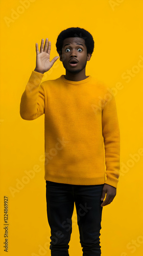 Surprised Man Raises Hand i...