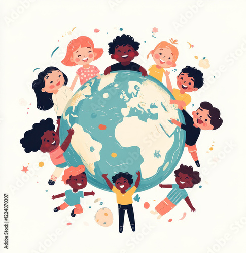 Colorful cartoon illustration of diverse children holding a globe together photo