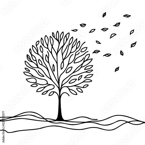 Tree with falling leaves linear background. Hand drawn big tree, environmental concept. Vector illustration.