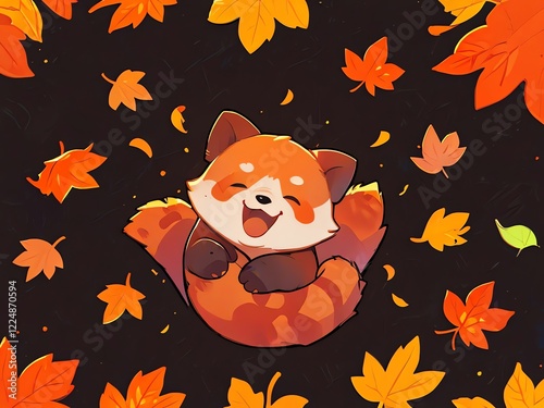 Adorable Red Panda Amidst Falling Autumn Leaves photo