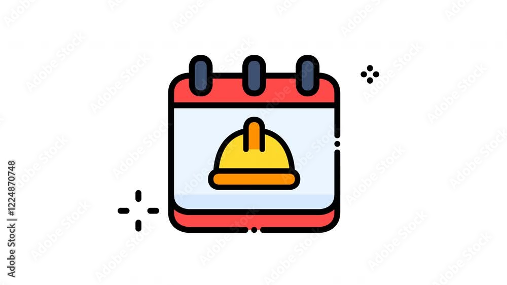 Animated calendar page with hard hat safety reminder suitable for construction safety training materials, workplace safety presentations, project planning tools. Animated calendar page with hard hat safety reminder suitable for construction safety training materials, workplace safety presentations, project planning tools.