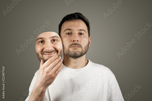 The man hides his true emotions behind a happy mask. photo