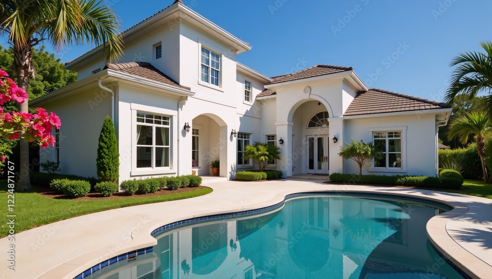 Fototapeta premium A stunning sunlit Florida home surrounded by vibrant flora