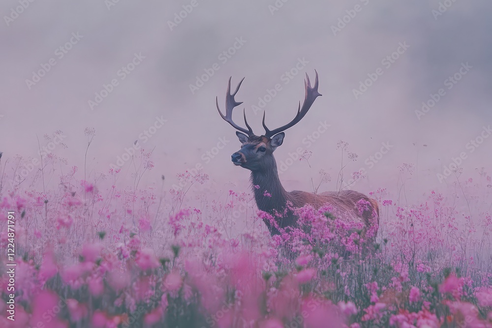 Fototapeta premium A foggy morning scene in a cosmos meadow, with a deer emerging from the mist in the distance.