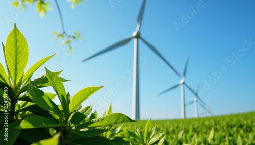 Wind turbines with verdant foliage representing clean energy and eco-consciousness